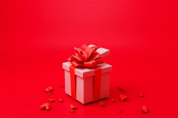 Obraz premium An open gift box with a vibrant red bow, a symbol of love and celebration, sits on a passionate red background scattered with tiny hearts.