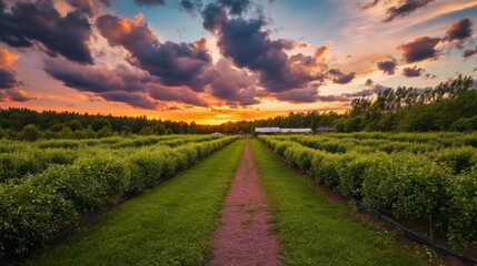 Obraz premium Blueberry farm and path with dramatic sunset clouds