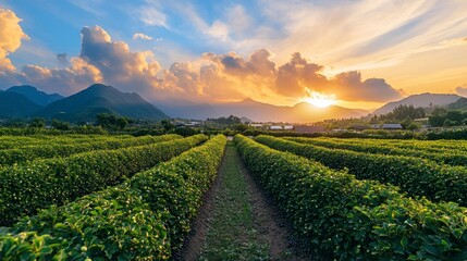 Fototapeta premium Blueberry farm and path with dramatic sunset clouds