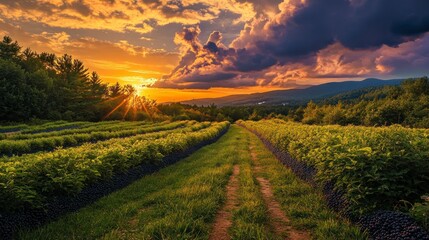 Obraz premium Blueberry farm and path with dramatic sunset clouds