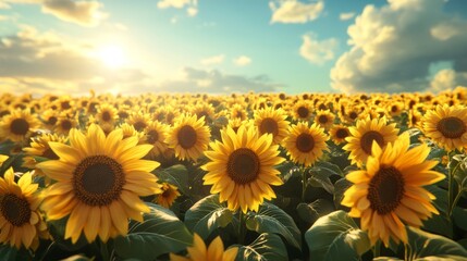 Fototapeta premium Bright Sunflower Field Under Blue Sky and Soft Clouds at Sunset