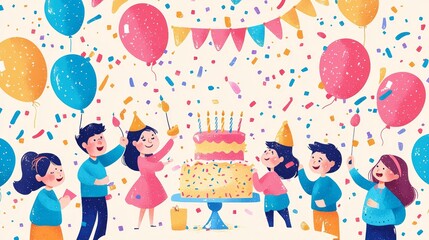 Obraz premium Happy Children Celebrating Birthday with Cake and Balloons