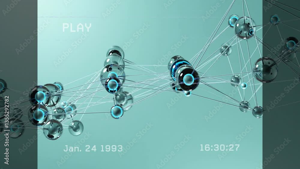 Poster animation of futuristic network nodes with date and time overlay in school