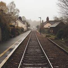 Obraz premium An empty railway line running through a quiet town, the tracks laid neatly but with no trains in sight, the surrounding houses silent and still, tranquil and empty.