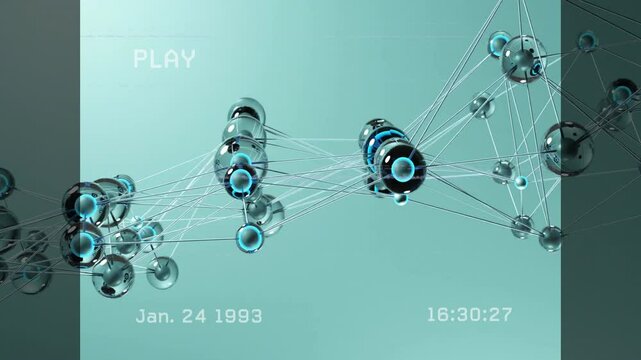 Animation of futuristic network nodes with date and time overlay in school