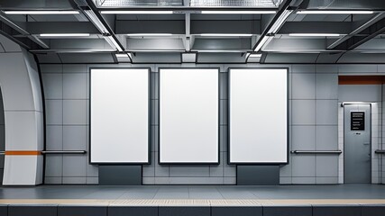 three large vertical blank white posters in a metro station,wall,billboard