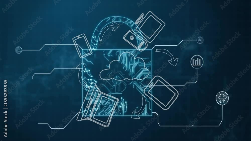 Poster animation of digital lock with cloud computing symbols and data flow technology