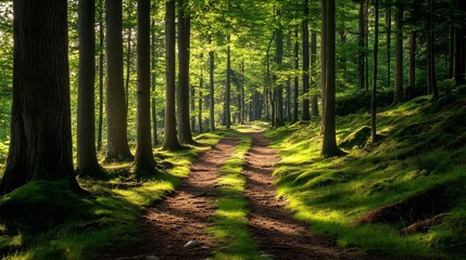 Obraz premium Forest Path: Sunlit forest path leading through a lush woodland, offering a sense of tranquility and adventure.