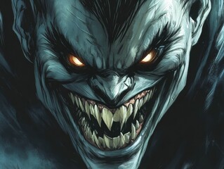 Monster face intense stare sharp teeth grinning