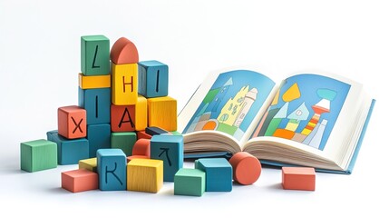 A Set of Neatly Arranged Wooden Alphabet Blocks in Vibrant Colors, Next to an Open Children’s Picture Book with Illustrations, Symbolizing Early Childhood Education and Literacy