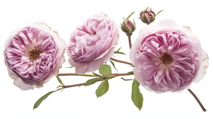 Blooming Pink English Roses on White Background.