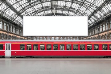 Obraz premium Red train in grand train station under glass roof