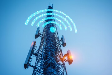Cellular communication tower with blue wireless signal icon on top against sky, concept of mobile data, connectivity and modern technology, Generative AI