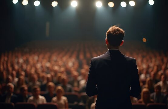 Young man overcoming fear public speaking. Student stands on stage before large audience. Back view of speaker in suit. Man in spotlight gives presentation, facing crowd in dark hall.