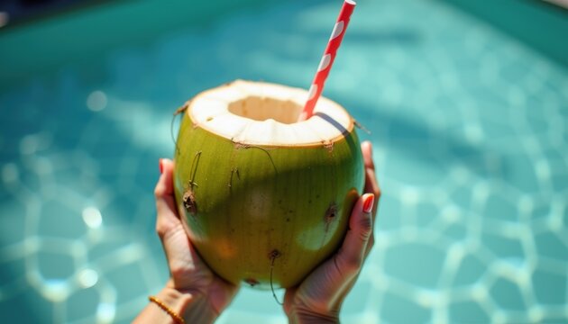 Refreshing coconut drink held by hand against a pool background  