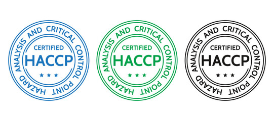 HACCP certified stamp. Food safety system emblem. Hazard analysis and Critical Control Points seal imprint. Quality warranty icon. Marketing badge. Round sticker. Vector illustration.