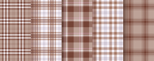 Plaid background. Tartan seamless pattern. Check print. Flannel brown texture. Set gingham fabric. Shirt textile. Lumberjack cloth in Mocha Mousse color. Vichy abstract tablecloth. Vector illustration