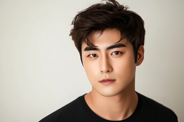 Fototapeta premium Handsome Young Asian Man Portrait Studio Shot Serious Expression Dark Hair Black TShirt Model Male Attractive Person Headshot men guy face eyes look 