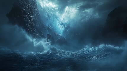 Obraz premium Dramatic Stormy Ocean with Towering Waves and Mysterious Dark Cliffs Under a Turbulent Sky