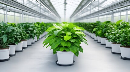 Modern greenhouse filled with thriving plants.  Rows of potted plants stretch across a spacious interior