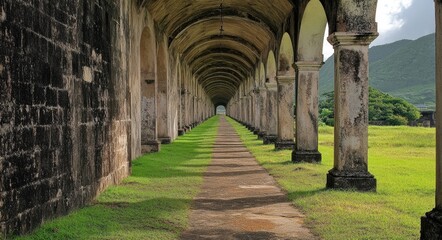 Obraz premium St. Kitts Architectural Elegance: Stone Columns Framing a Serene Corridor