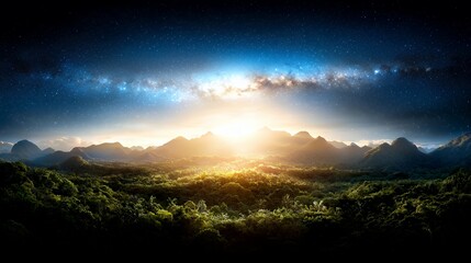 Stunning Milky Way Over Mountainous Landscape with Lush Green Forest at Sunset