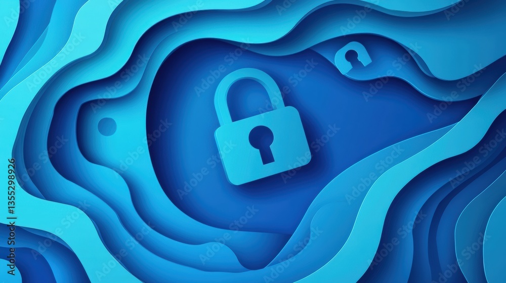 Fototapete Cybersecurity background featuring layered locks and encrypted codes in modern blue gradient paper art style