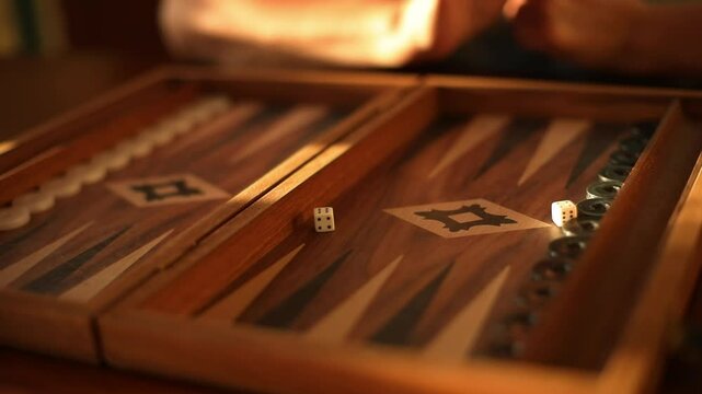 A close-up shot of a backgammon game in progress, with a wooden board, dice, and black and white playing pieces. One hand is moving a piece, showcasing a relaxed and strategic atmosphere.
