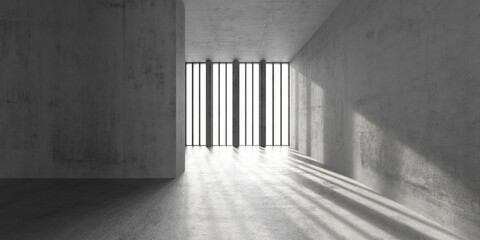 Minimalist industrial interior with concrete walls and sunlight streaming through vertical windows. 3d render