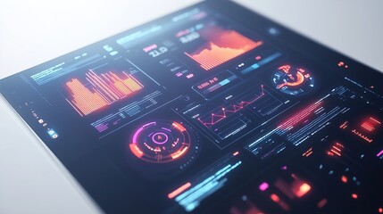 "A Sleek and Minimalistic Futuristic Dashboard with Holographic Infographics, Glowing Charts, and a Touch-Sensitive Interface