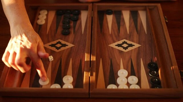 A close-up of a backgammon game in progress. A hand moves a piece over the wooden board, with black and white pieces strategically placed. Two dice are rolled in the center, creating a moment of focus