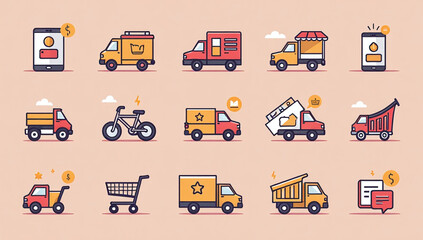 table set online shopping line icons including commerce delivery options customizable strokes various scenarios