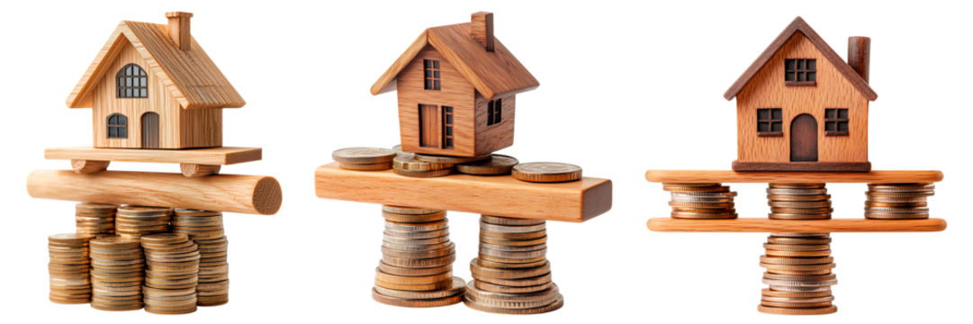 Three wooden house models balanced on stacks of coins, isolated on a transparent background. Concept of real estate investment, mortgage, property market, and financial stability. - Powered by Adobe