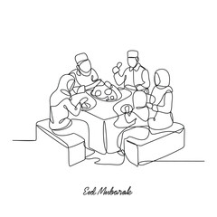 One continuous line drawing of celebration eid mubarak vector illustration. Eid mubarak celebration family time design concept with simple linear style. Islamic themes design for your vector asset.