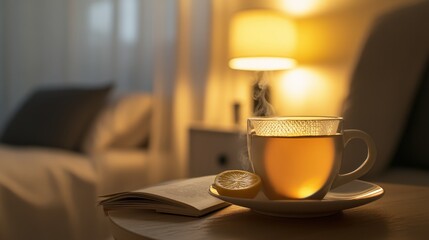 A warm cup of tea sits near a book and lemon