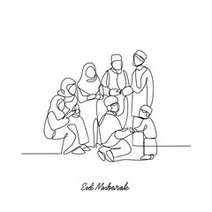 One continuous line drawing of celebration eid mubarak vector illustration. Eid mubarak celebration family time design concept with simple linear style. Islamic themes design for your vector asset.