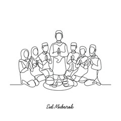 One continuous line drawing of celebration eid mubarak vector illustration. Eid mubarak celebration family time design concept with simple linear style. Islamic themes design for your vector asset.
