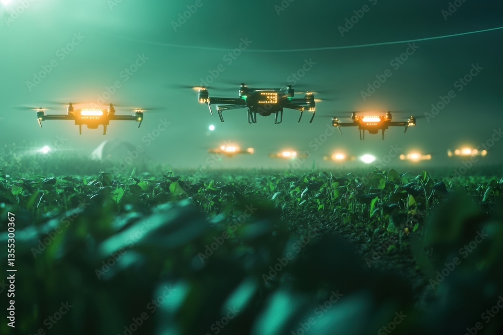 Poster Futuristic drones scan agricultural fields with glowing sensors during nighttime over a vibrant green landscape