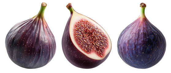 Set of figs isolated on a transparent background. Whole fig with a smooth purple surface, a ripe fig with a deep color, and a half-cut fig showing juicy red pulp and seeds. Fresh tropical fruit