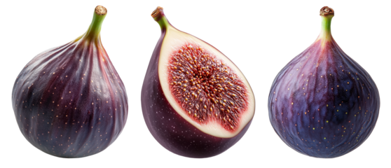 Set of figs isolated on a transparent background. Whole fig with a smooth purple surface, a ripe fig with a deep color, and a half-cut fig showing juicy red pulp and seeds. Fresh tropical fruit
