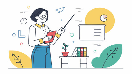 Fototapeta premium Woman teacher giving presentation with pointer and file beside whiteboard and office elements. Educational professional standing near potted plant, books and pie chart in minimalist line drawing. 
