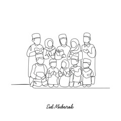 One continuous line drawing of celebration eid mubarak vector illustration. Eid mubarak celebration family time design concept with simple linear style. Islamic themes design for your vector asset.