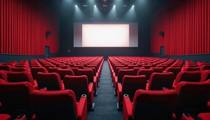 Empty modern cinema theater with red seats and illuminated screen. Comfortable chairs ready for movie night. Anticipation for film viewing experience in luxury movie theatre.