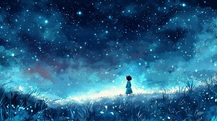 Obraz premium Child Standing Under Starry Night Sky in Dreamy Blue Landscape