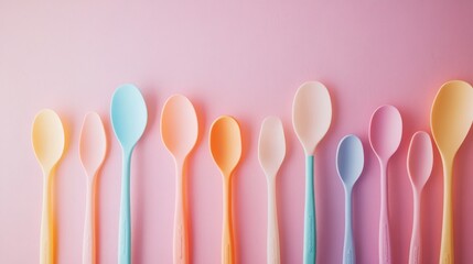 Colorful Silicone Kitchen Utensils on Pastel Background, Space for Copy