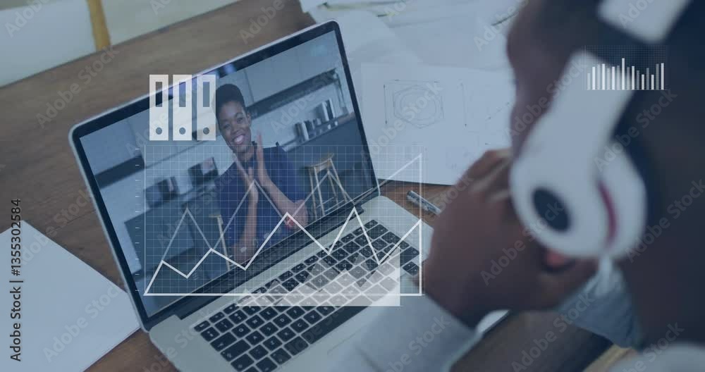 Poster using laptop for video conferencing with data analytics animation overlay