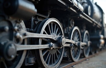Fototapeta premium Close-up of vintage steam locomotive wheels. Old train engine, metal steel construction, industrial power. Retro railway transport, heavy industry, antique transport, engineering mechanism. Black