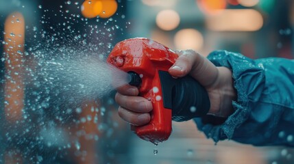Red Spray Bottle in Action Urban Cleaning.