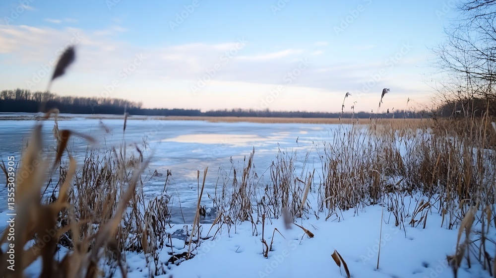 Poster frozen lake landscape with reeds in the foreground and a calm winter sky reflecting on the icy surfa
