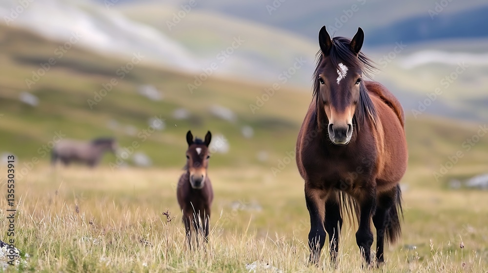 Poster majestic horses with a foal walking through a serene landscape of grass and rolling hills : generati